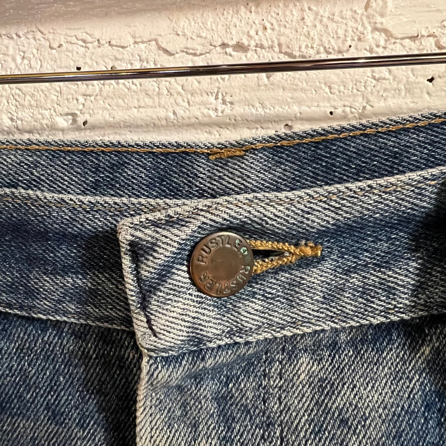 Vintage 70's/80's Rustler Faded Distressed Patch Denim Jeans - Size 32" x 32" - Made In USA - 87620 - Light Faded Indigo