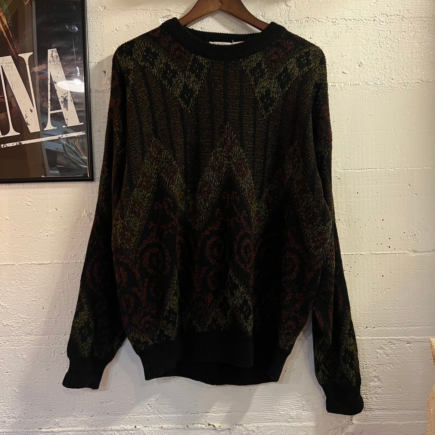 Vintage 90’s Robert Bruce Geometric Patterned Knitted Sweater - Size XL - Made In USA - Black/Red/Olive Green