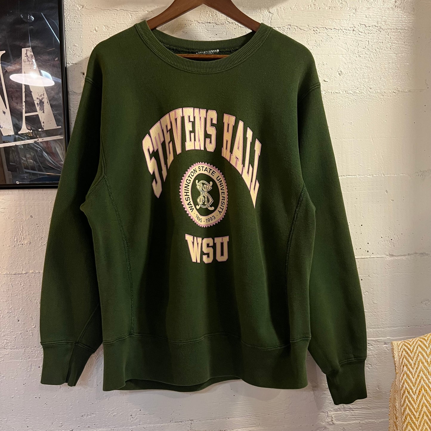 Vintage 1993 Steven’s Hall Washing State University Reverse Weave Crewneck Sweatshirt - Size Large/XL - Made In USA - Green/White/Purple