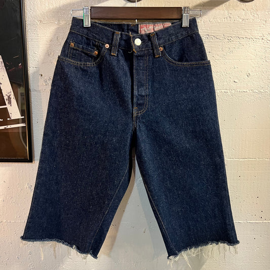 Vintage 1980's Levi 501 STF Long Cutoff Denim Shorts - Size 25" - Made In USA - Raw Dark Indigo Denim