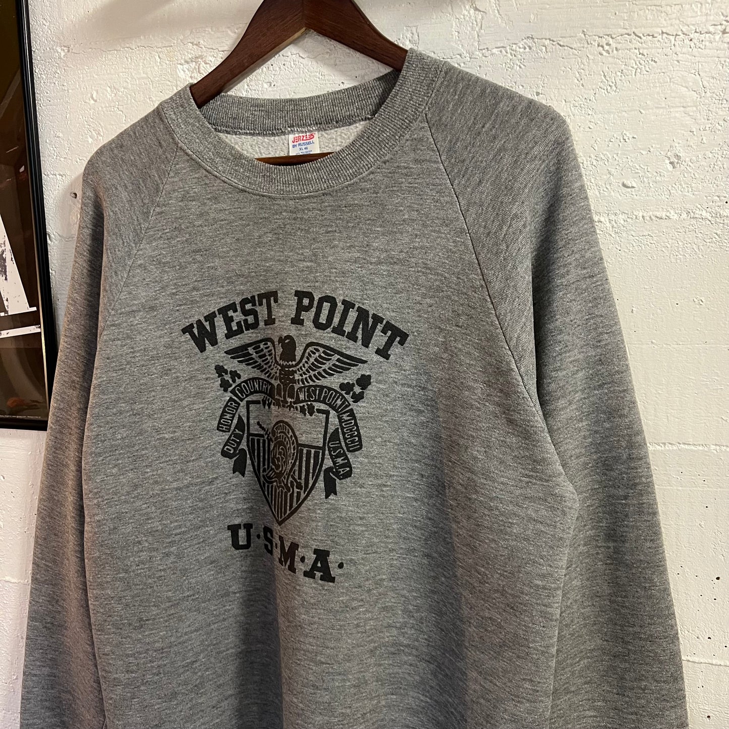 Vintage 80’s Jerzees West Point U.S.M.A. Raglan Crewneck Sweatshirt - Size XL - Made In USA - Heather Grey/Black