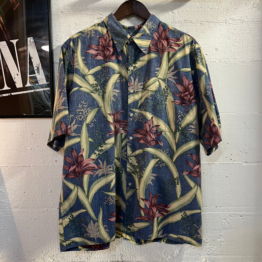 Vintage 90's Reyn Spooner Red Ti Leaf Muted Floral Print Aloha Shirt - Size XL - Made In Hawaii - Blue/Multi