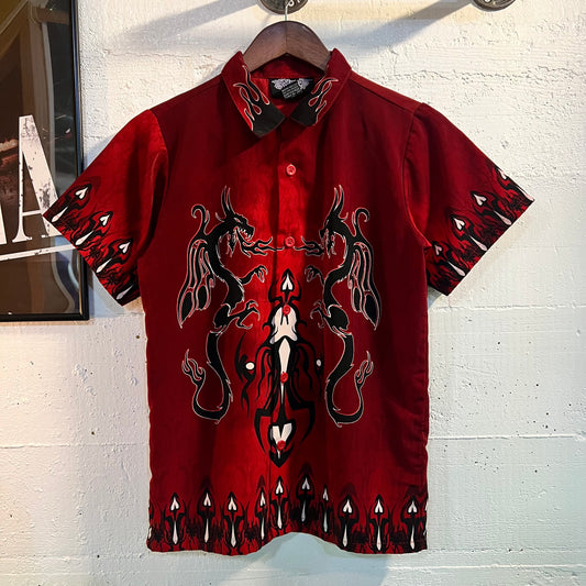 Vintage Y2K Silver Point Dragon/Flames Short Sleeve Button Up - Size Youth Large - Red/Black/White