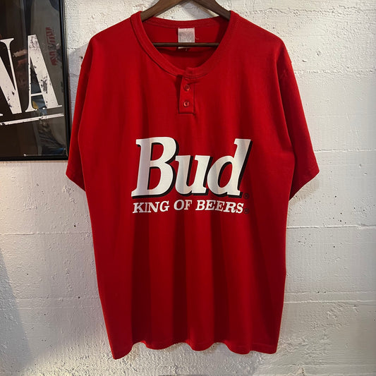 Vintage 90's Budweiser 'Bud-King Of Beers' Graphic Henley Cut T-Shirt - Size XL - Red
