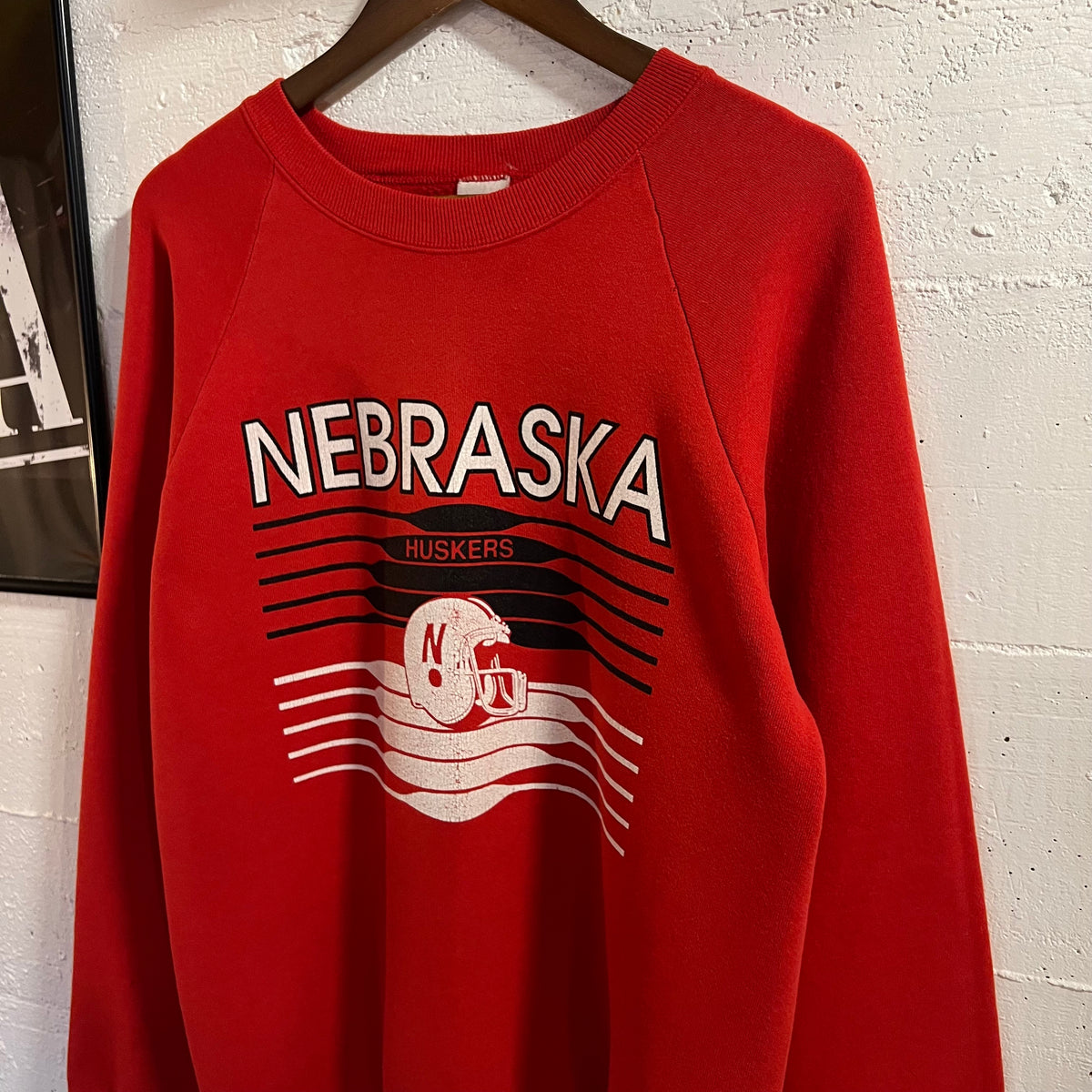 Vintage 80’s Nebraska Huskers Football Raglan Crewneck Sweatshirt - Size Large - Made In USA - Red/White/White