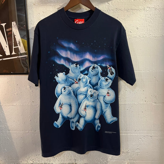 Vintage 1994 Coca-Cola Bears ‘Aurora Borealis’ Graphic Single Stitch T-Shirt - Size Large - Made In USA - Navy/Multicolor