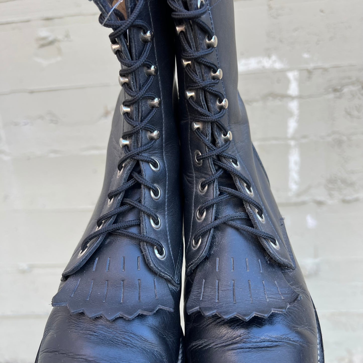 Vintage Justin's 506 McKean Lace Up Roper Kiltie Leather Boots - Size 6.5C (Narrow) - Black Leather