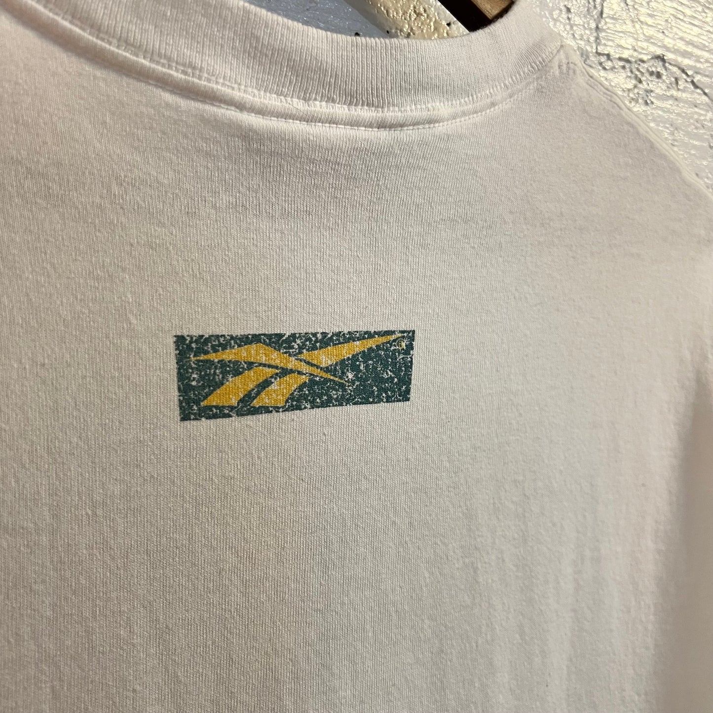 Vintage 90's Reebok 'Play Hard' Single Stitch Graphic T-Shirt - Size Medium - Made In USA - White/Blue/Yellow