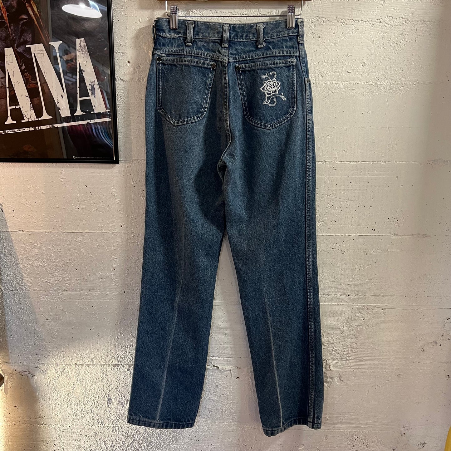 Vintage 1980's Kenny Rogers Western Collection By Karman Women's High Waisted Embroidered Denim Jeans - Size  26" x 30" - Made In USA - Indigo