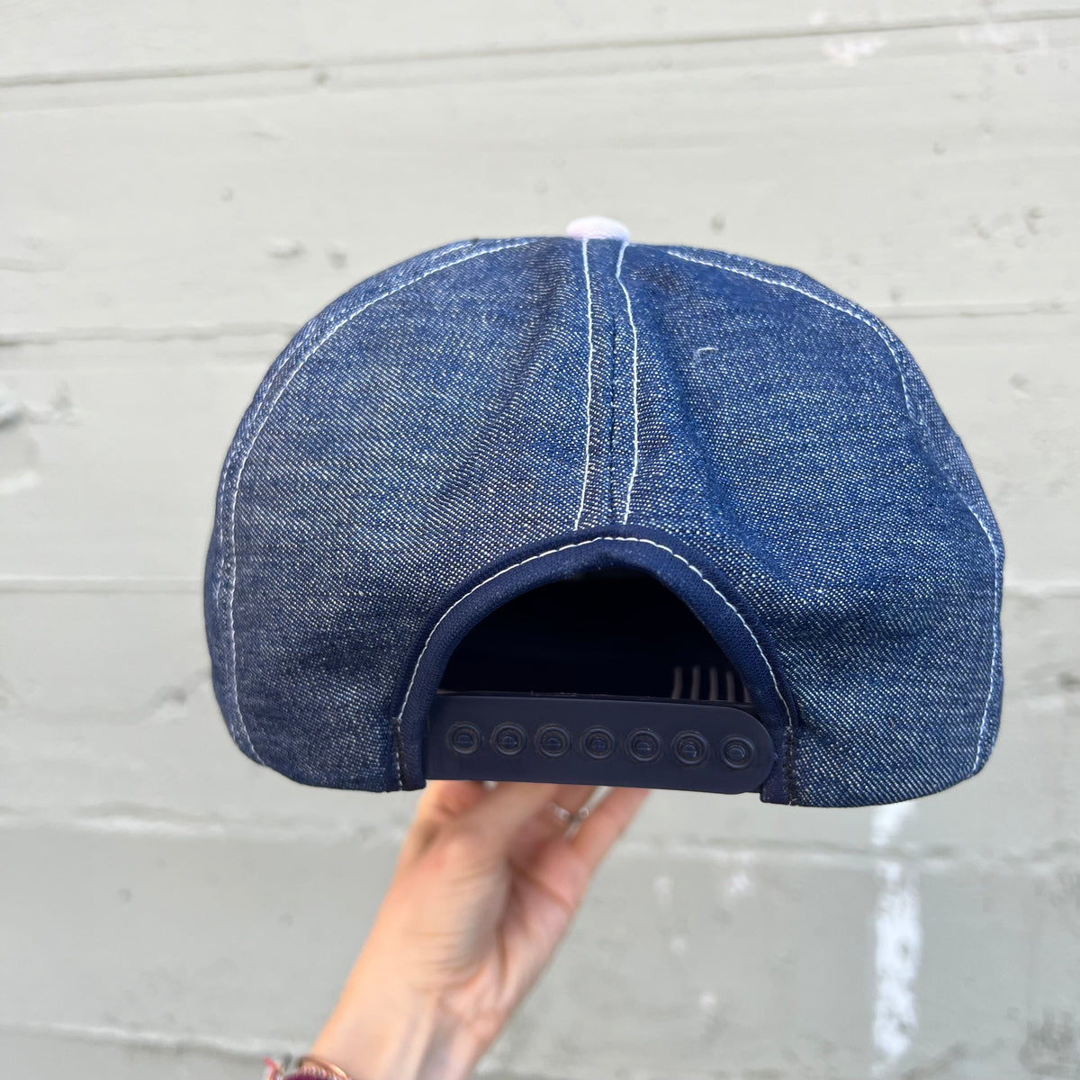 True Vintage 1970's Contrast Stitch Denim 6-Panel Company Patch Snapback Hat - O/S - Dark Indigo