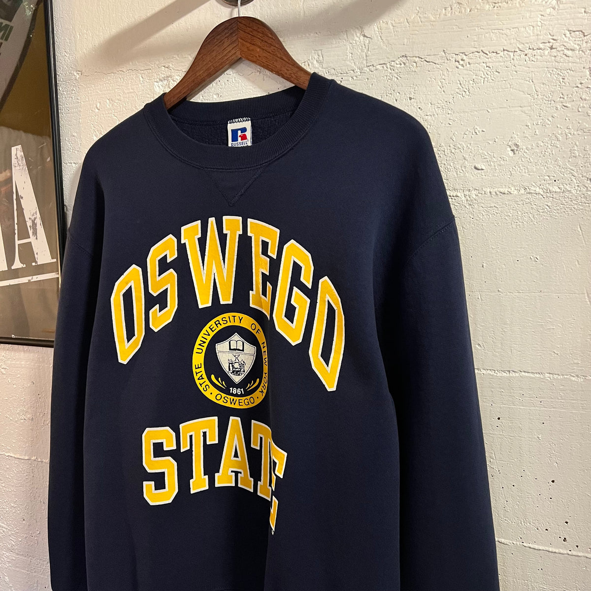 Vintage 90’s Russell Athletic Oswego State University, NY Crewneck Sweatshirt - Size Large - Made In USA - Navy/Yellow/White