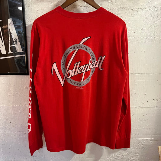 Vintage 1980's Magnum Pi 'King Kamehameha Club Volleyball Crazy Shirts Hawaii Long Sleeve Single Stitch T-Shirt - Size Large - Made In USA - Red - 100% Cotton