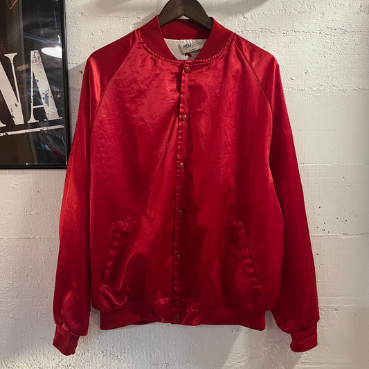 Vintage 1980's Highlander Bowl Mt. St Helens Invitational 'Kelso WA' Satin Bomber Jacket - Size XL - Union Made In USA - Red/White