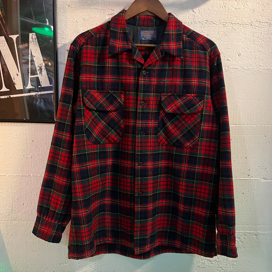 Vintage 60's/70's Pendleton Plaid Virgin Wool Board Shirt W/ Loop Collar - Size Large - Made In USA - Red/Green/Blue/Yellow