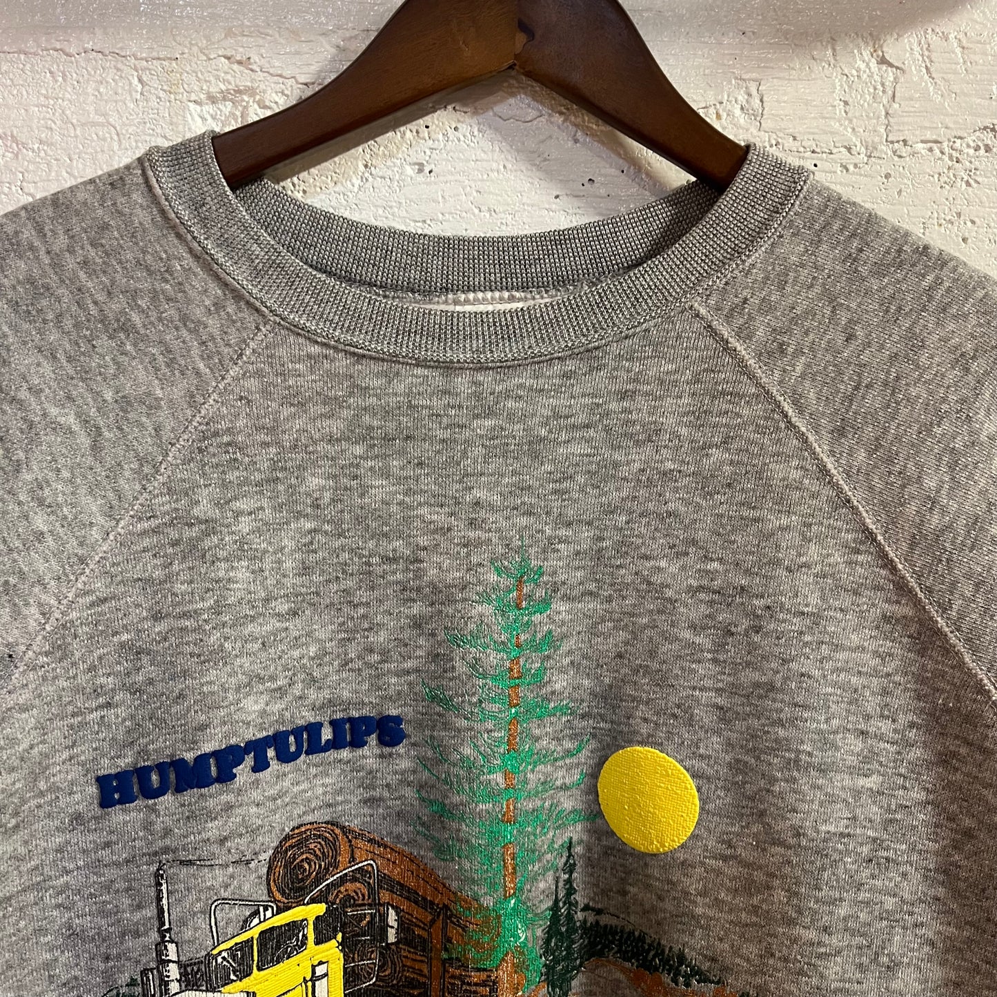 Vintage 80’s Humptulips, Washington Puff Print Raglan Sleeve Crewneck Sweatshirt - Size XL - Made In USA - Heather Grey/Multi