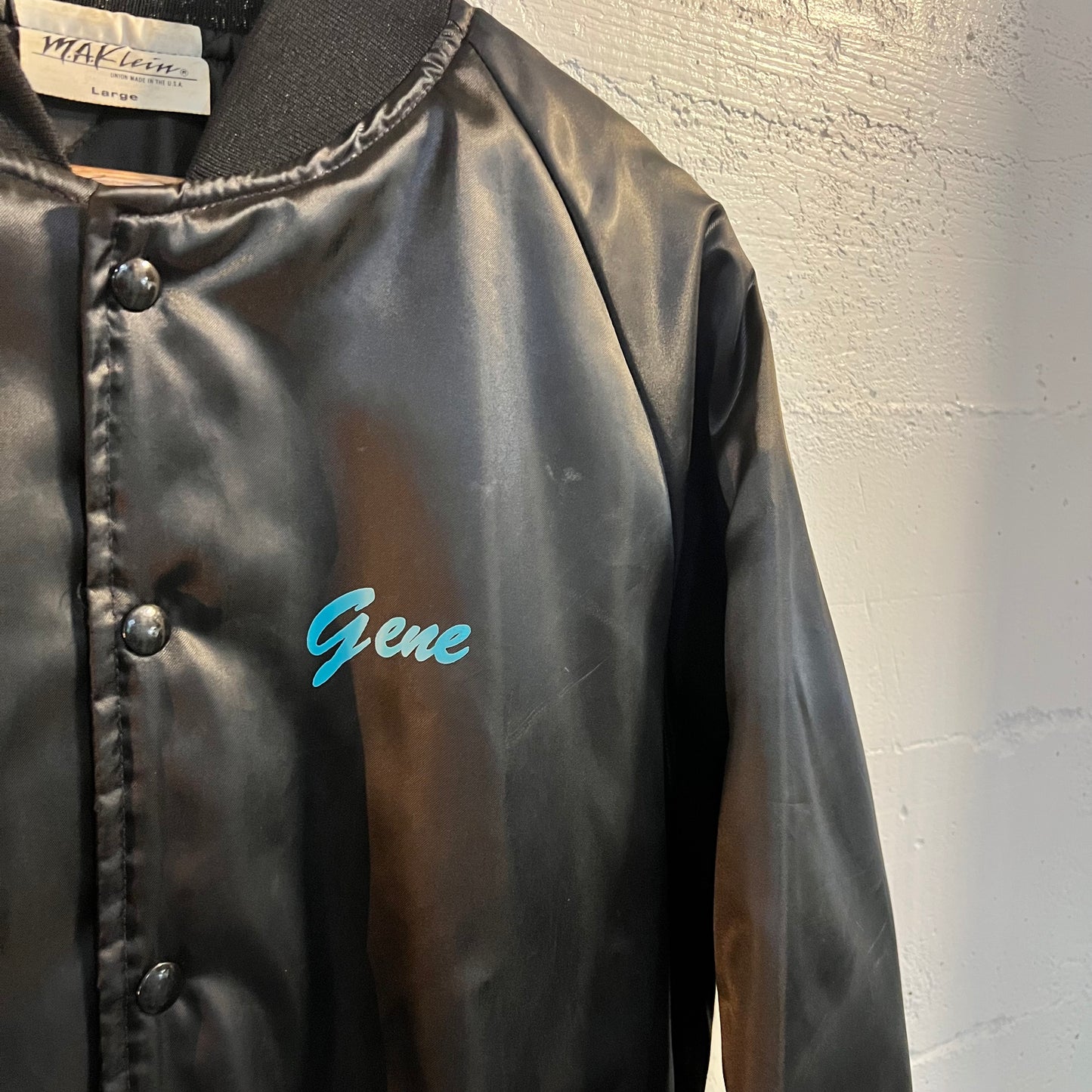 Vintage 1980's Union Made Satin Bomber Jacket - Size Large - Made In USA - Black/Turquoise