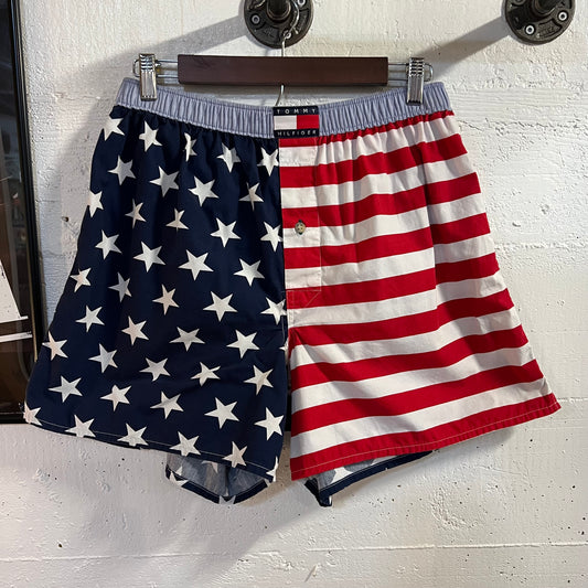 Vintage 90's Tommy Hilfiger American Flag AOP Combed Cotton Boxer Short - Size Large - Red/White/Blue