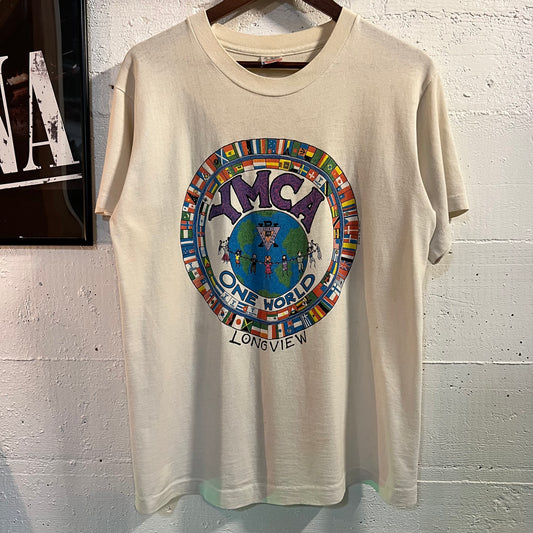 Vintage 1993 YMCA One World Distressed Graphic Single Stitch T-Shirt - Size Medium - Made In USA - 100% Cotton