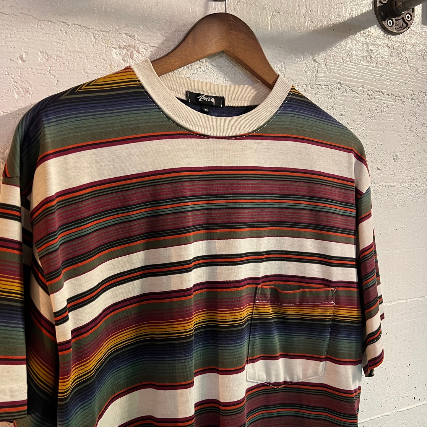 Vintage 80's Stüssy Embroidered Crown Striped Tom Tom Pocket T-Shirt
 - Size Medium - Made In USA