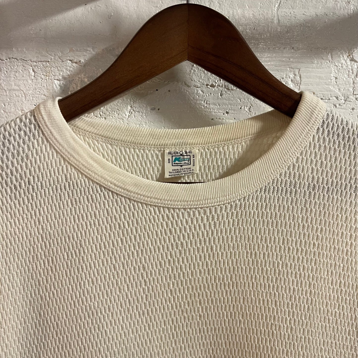 Vintage 1970’s Distressed K-Mart Waffle Knit Long Sleeve Thermal Shirt - Size Medium - Made In USA - Antique White