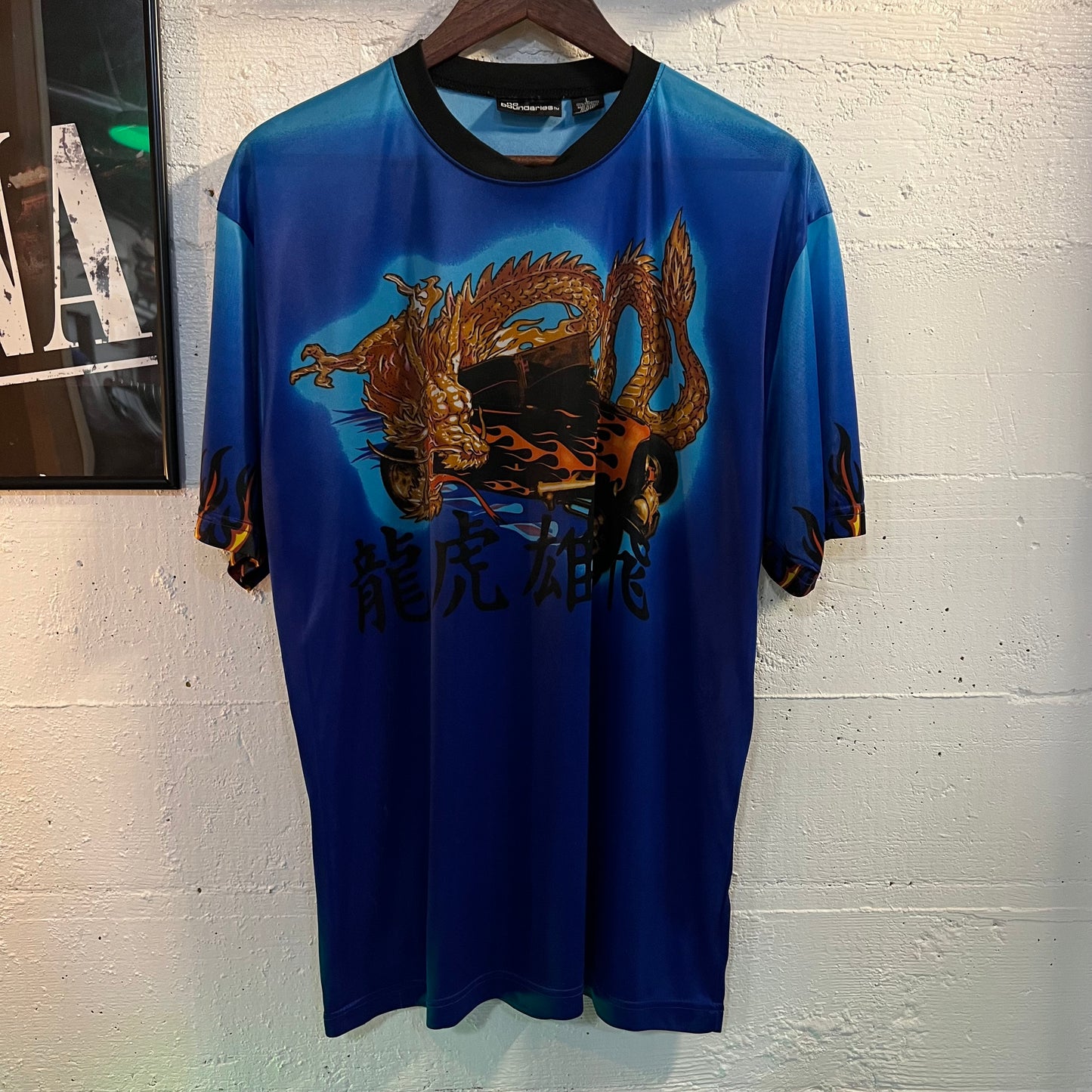 Vintage Y2K Fine Sheer Mesh Dragon Kanji Hot Rod T-Shirt - Size Large - Blue/Multi