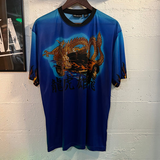 Vintage Y2K Fine Sheer Mesh Dragon Kanji Hot Rod T-Shirt - Size Large - Blue/Multi