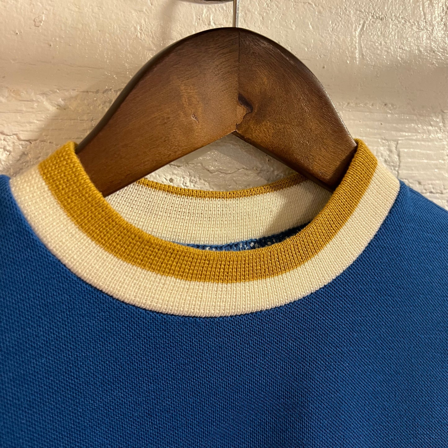 True Vintage 1960’s Penney’s Towncraft Trinity Knot Knitted Ringer Pocket Baby T-Shirt - Size XS (14) - Made In USA - Blue/White/Mustard
