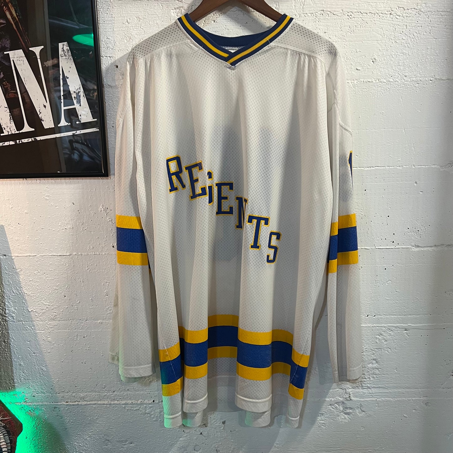 Vintage 1980's Champion Regents Hockey Jersey - Size XL (48) - Made In USA - White/Blue/Yellow