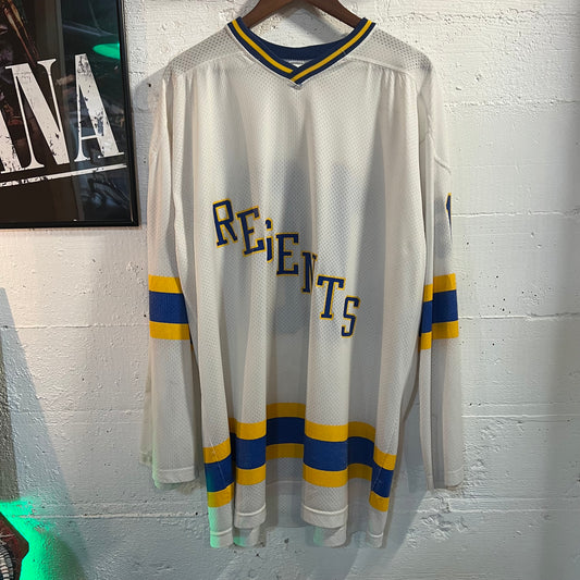 Vintage 1980's Champion Regents Hockey Jersey - Size XL (48) - Made In USA - White/Blue/Yellow
