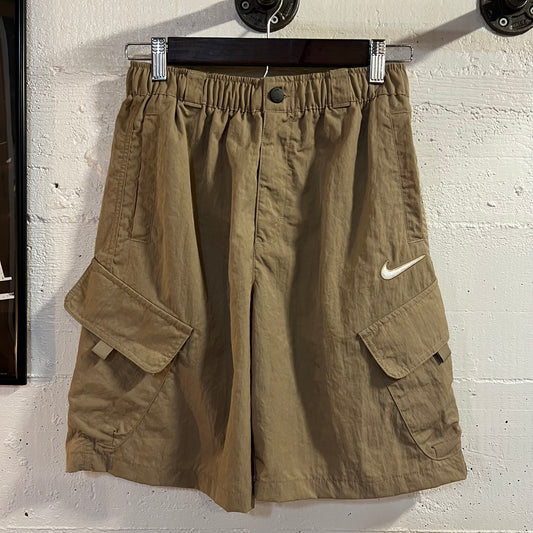 Nike Embroidered Swoosh Nylon Khaki Cargo Shorts - Size Youth Large - Tan/Beige/White