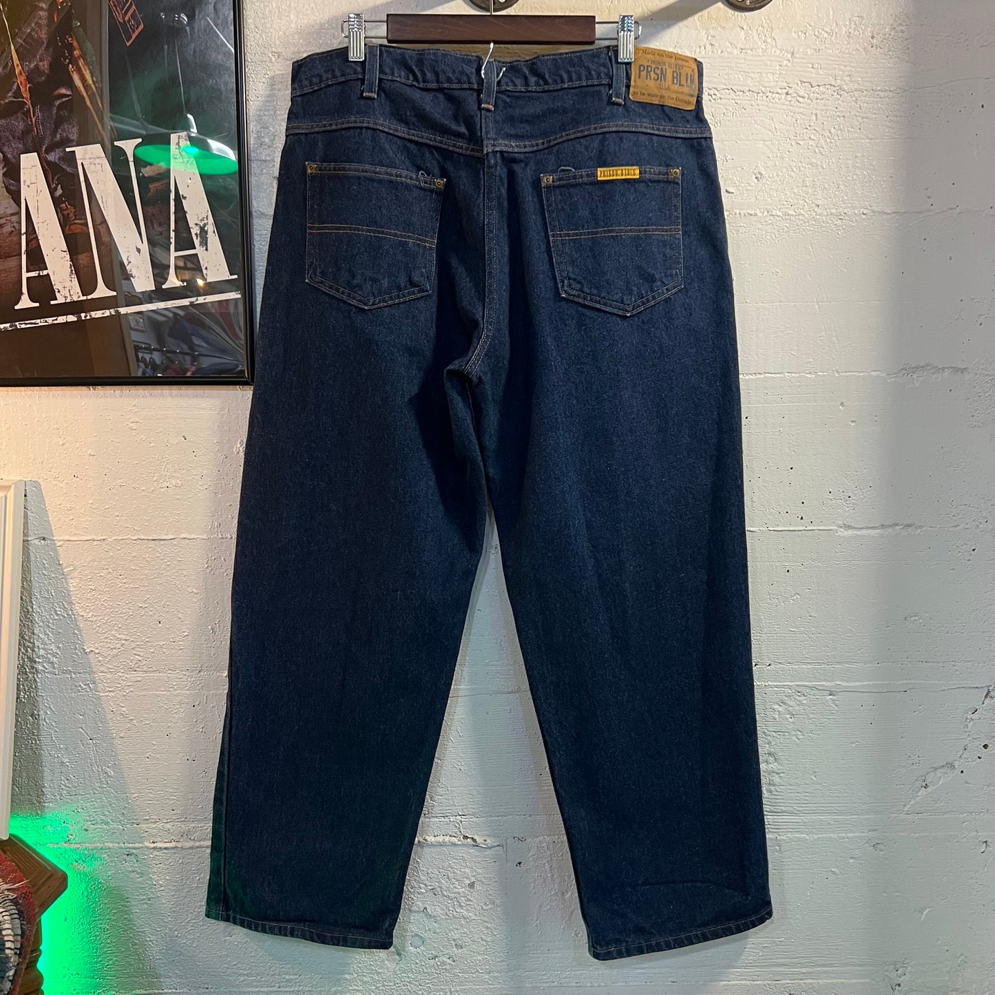 Vintage 90's Prison Blues Raw Denim Relaxed Fit Jean - Size 38" x 29" - Made In USA - Dark Raw Indigo