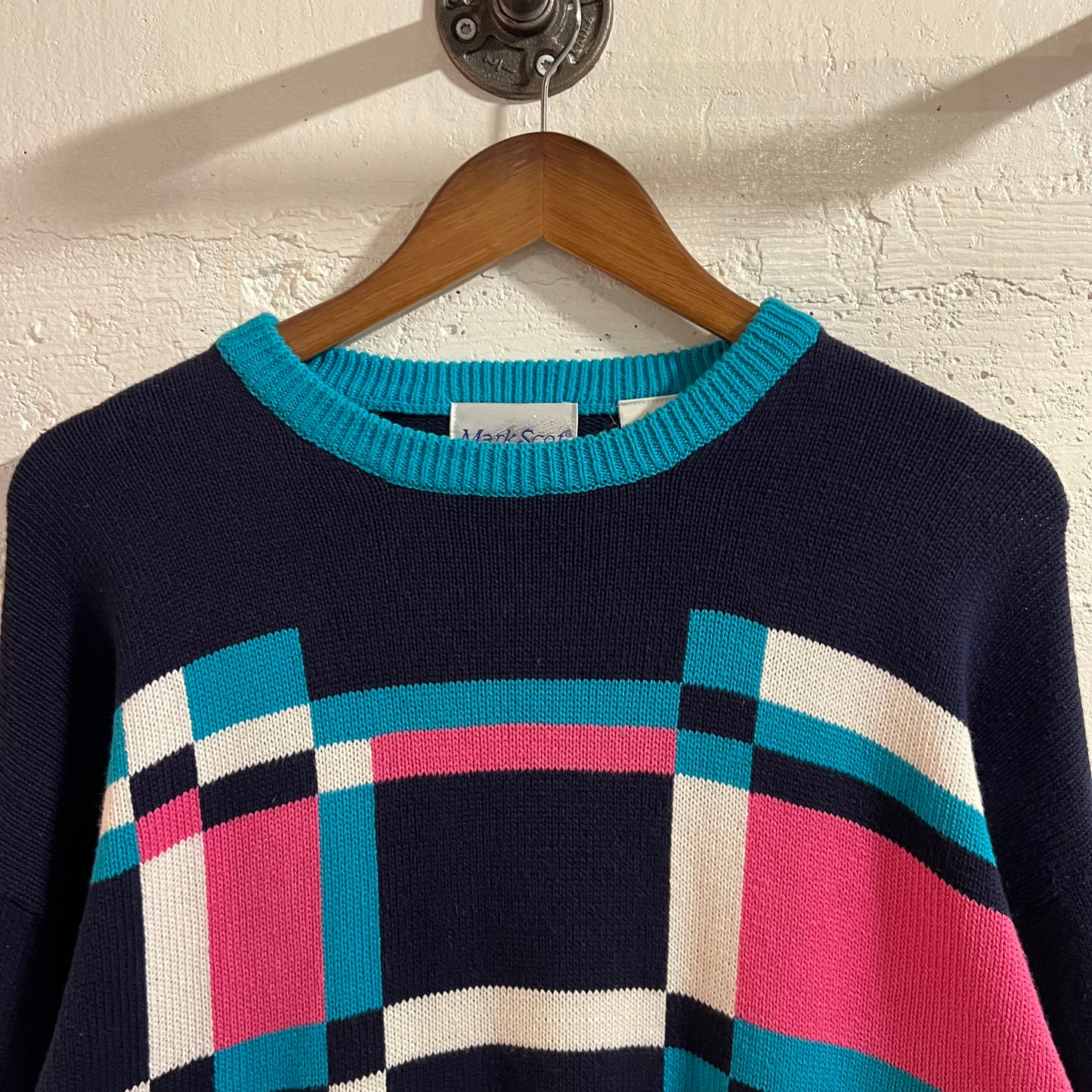 Vintage 80’s Mark Scot Geometric Plaid Pattern Knitted Sweater - Size Large - Navy/Turquoise/Pink/White
