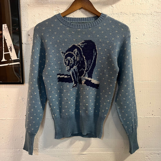 True Vintage 30's/40's Wool Intarsia Knit Bear Sweater - Size Small - Blue/White/Navy