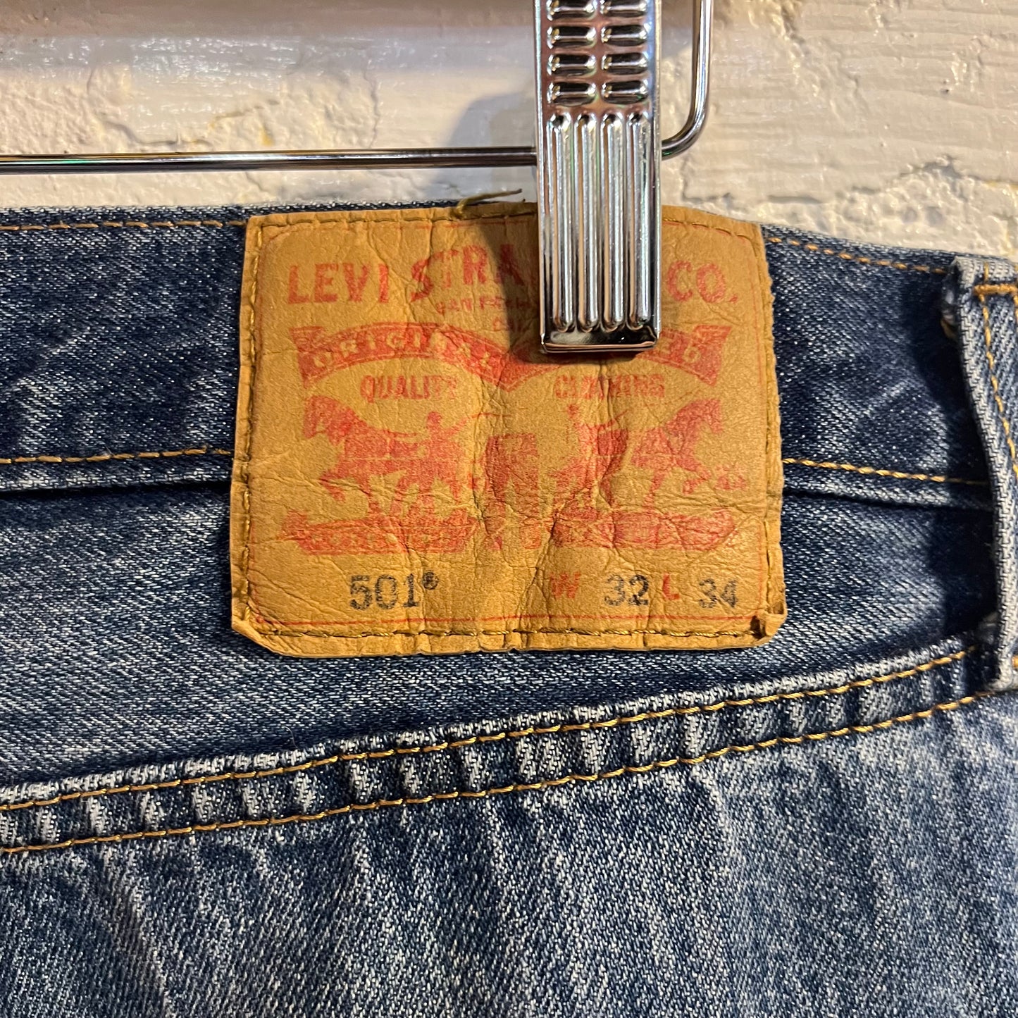 Distressed Levi's 501 Medium Stonewash Denim Jean - Size 32"x34" - Light Blue Indigo