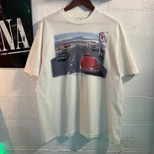 Vintage Texaco ‘Mecca On The High Desert’ Route 66 Car Single Stitch T-Shirt - Size XL - Made In USA - White/Multi