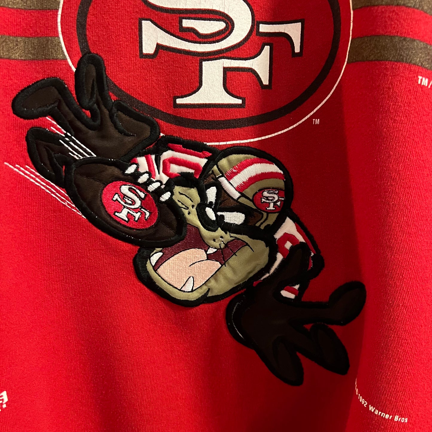 Vintage 1992 Embroidered San Francisco 49ers Taz Looney Tunes Crewneck Sweatshirt - Size XL - Made In USA - Red/Multi