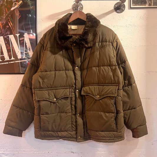 Vintage 1970's Walls Blizzard Pruf Faux Fur Collar Down Jacket - Size XL - Brown - Made In USA