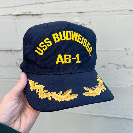 Vintage USS Budweiser AB-1 Naval Style Snapback Hat - O/S - Made In USA - Navy/Yellow