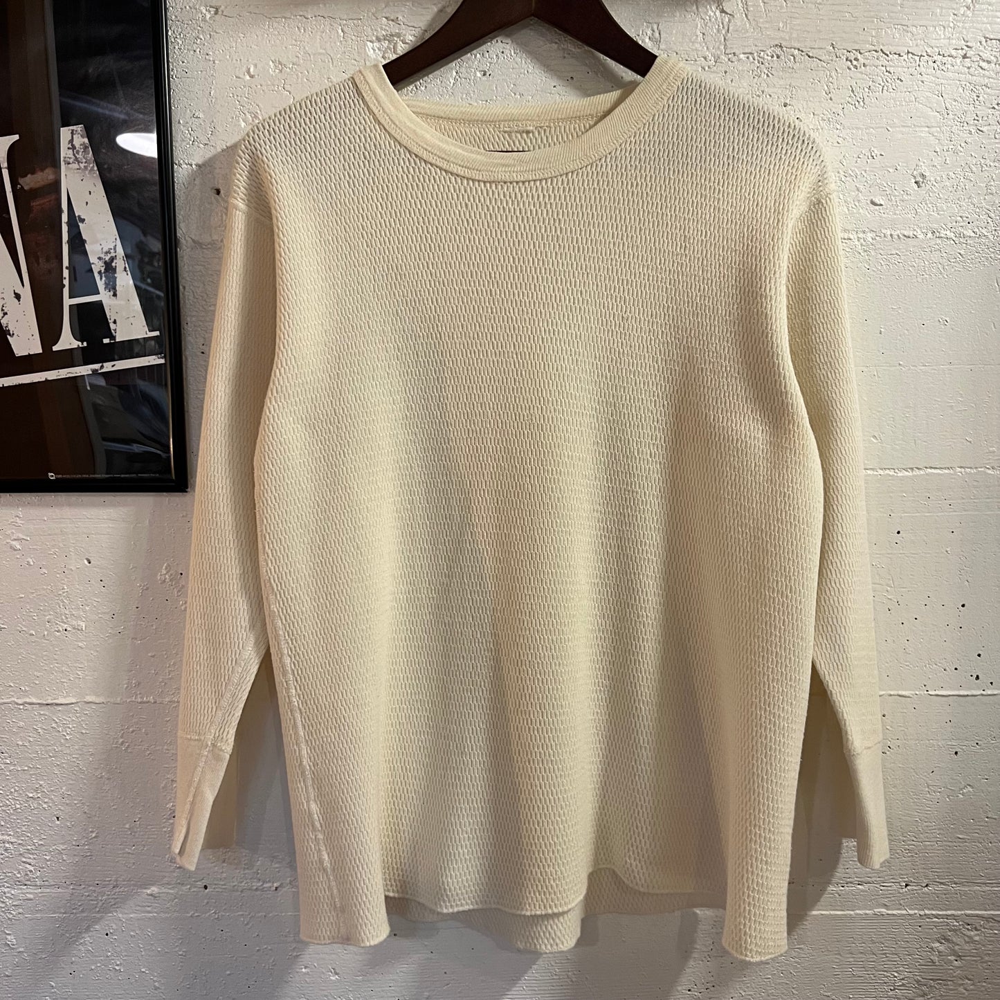Vintage Waffle Knit Thermal Long Sleeve T-Shirt - Size Medium/Large - Off White