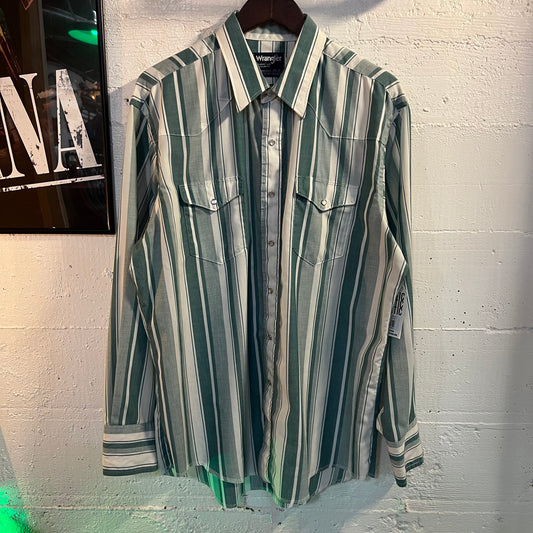 Vintage 90's Wrangler Cowboy Cut Western Pearl Snap Striped Shirt - Size XL - Made In USA - White/Green