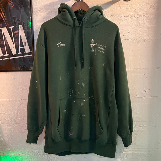 Y2K Distressed Heavyweight Paint Splatter Hooded Sweatshirt - Size XL - Forest Green