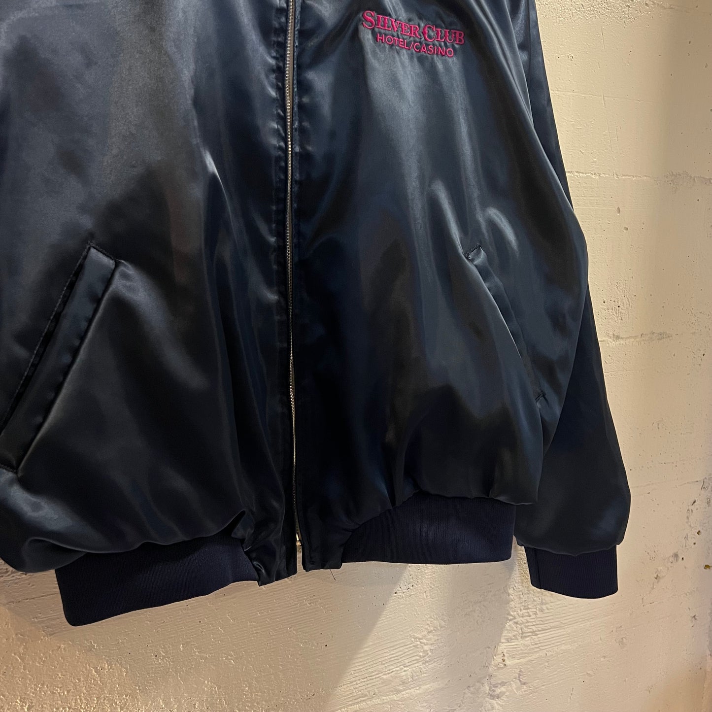 Vintage 90's Silver Club Hotel & Casino Embroidered Satin Bomber Jacket - Size XL - Made In USA - Navy