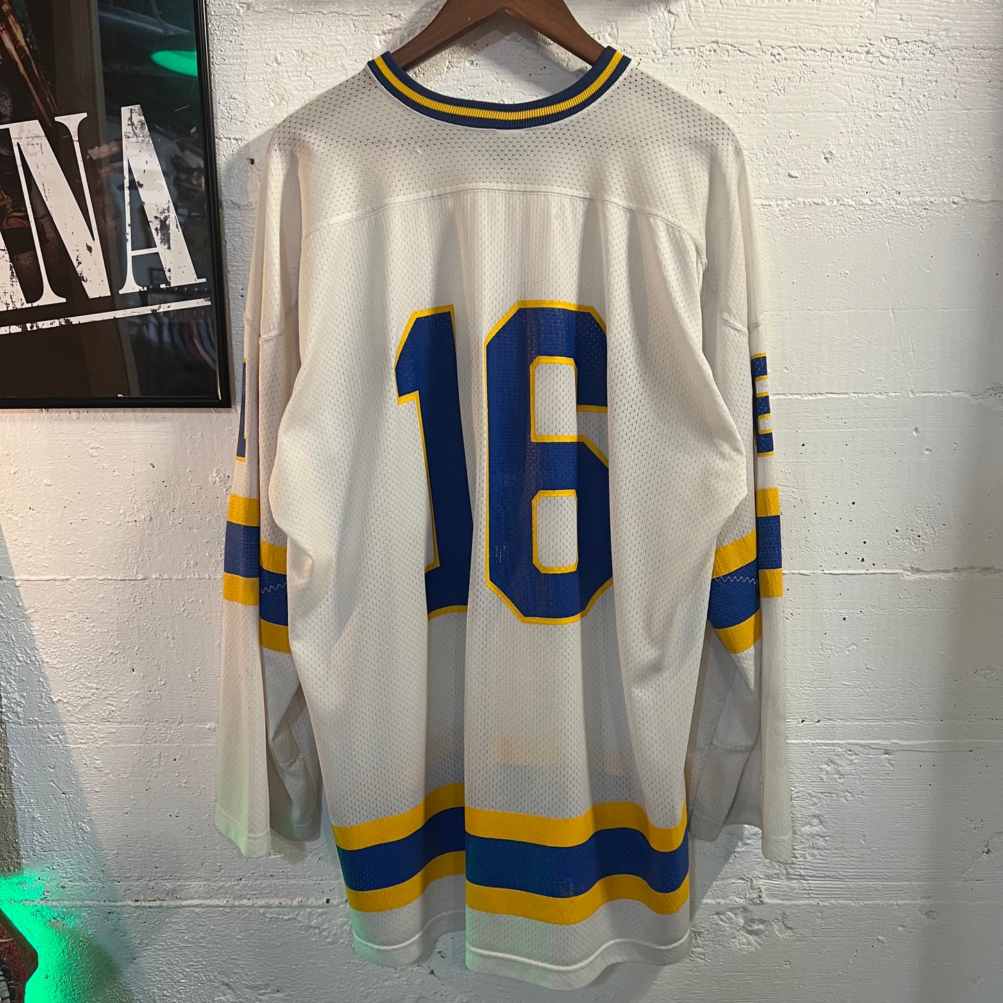 Vintage 1980's Champion Regents Hockey Jersey - Size XL (48) - Made In USA - White/Blue/Yellow
