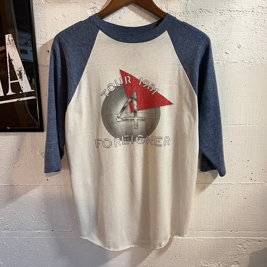 Vintage 1981 Foreigner ‘4’ Tour Raglan Sleeve Single Stitch T-Shirt - Size Large - Made In USA - White/Blue/Multi