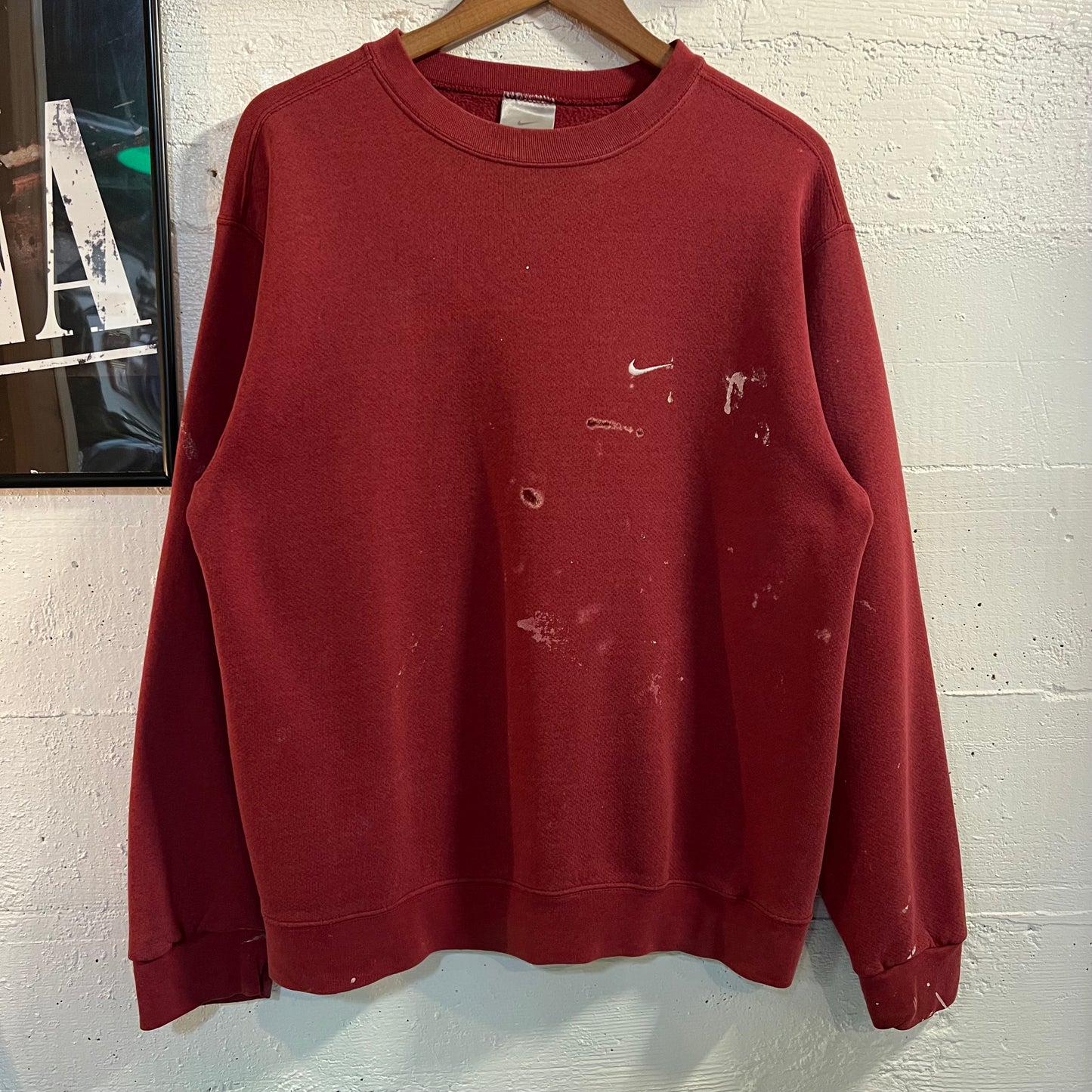 Vintage 2000's Nike Distressed Mini Swoosh Crewneck Sweatshirt - Size Medium - Maroon