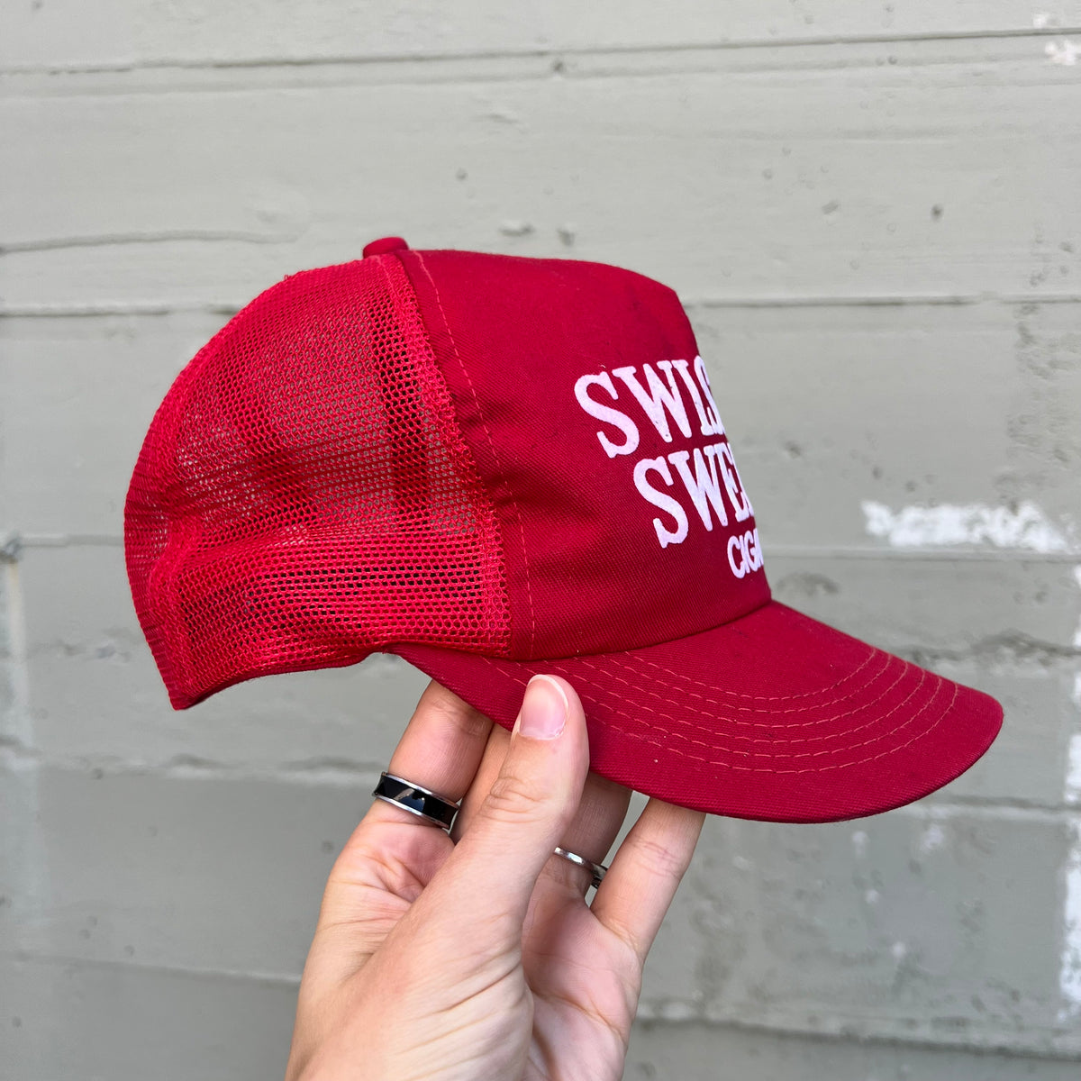 Vintage 1980's Swisher Sweets Felt Logo Mesh SnapBack Trucker Hat  - O/S - Made In USA - Red/White