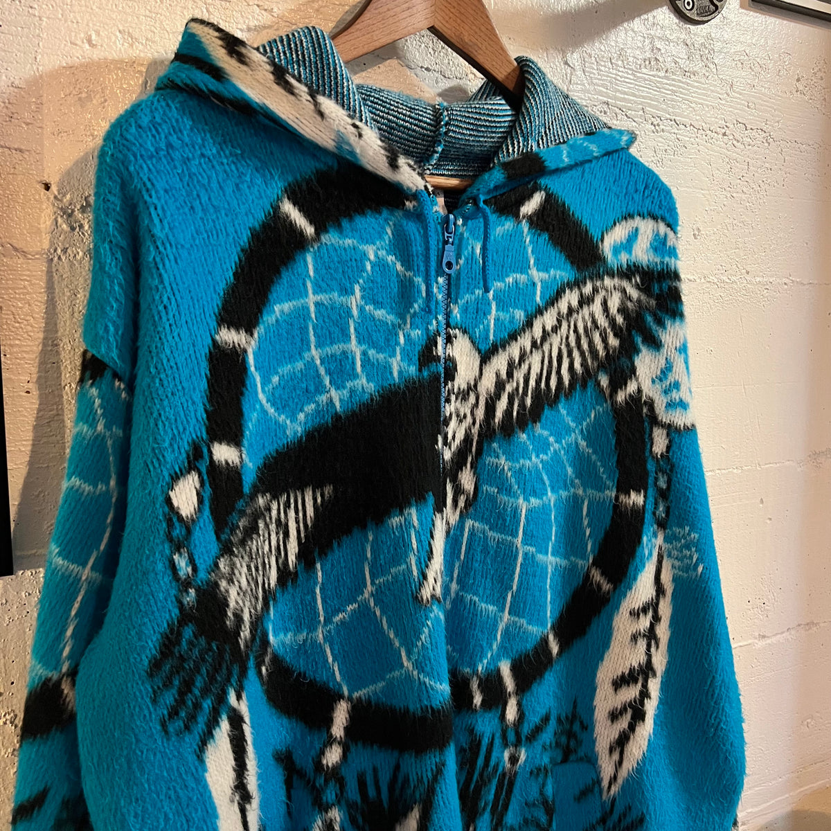 Vintage Native Dreamcatcher Fuzzy Zip Up Fleece Sweatshirt - Size XL - Blue/Multi