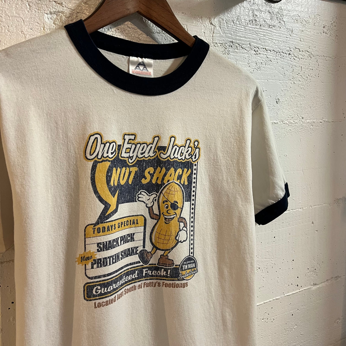 Vintage Late 90’s Funny ‘One Eyed Jack’s Nut Shack’ Graphic Ringer T-Shirt - Size Medium - White/Black/Multi