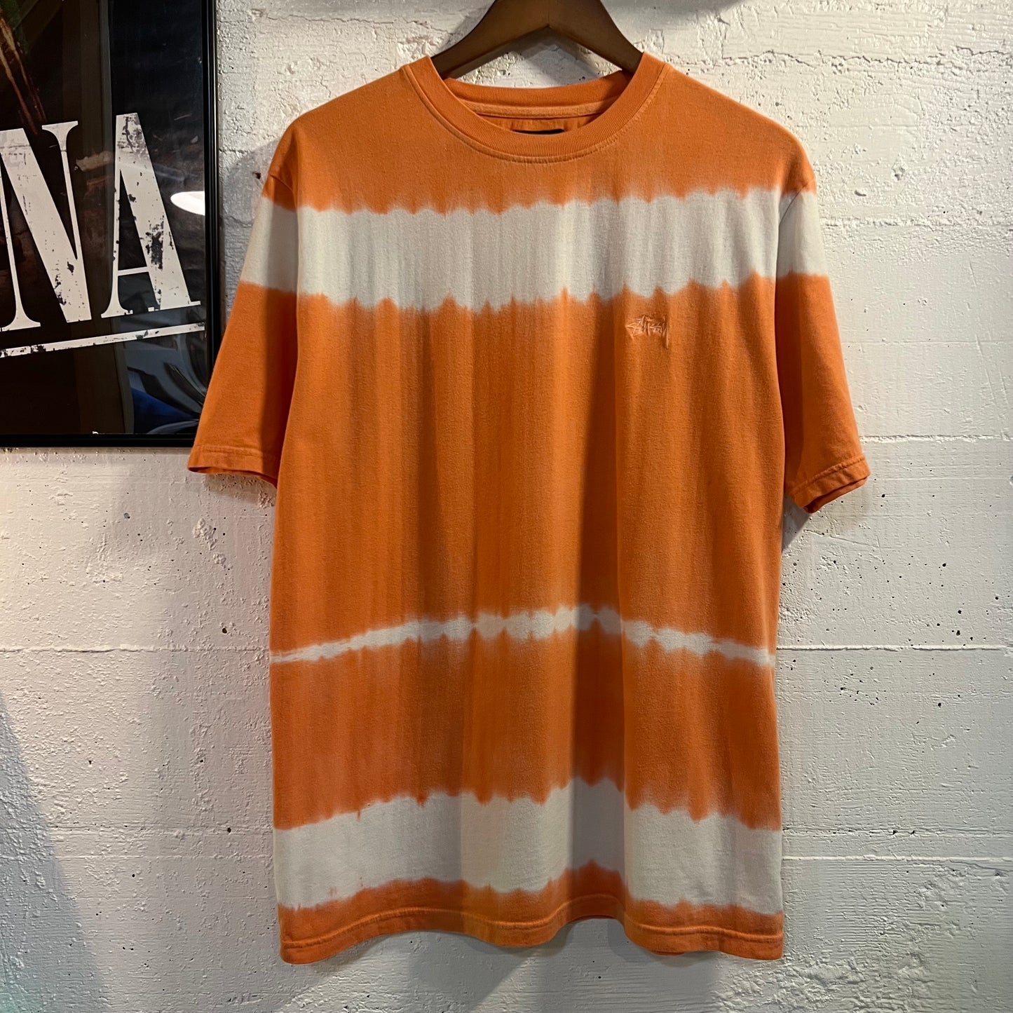 *Pre-Owned* Stüssy Bleach Dyed Embroidered Logo T-Shirt - Size Medium - Coral/White