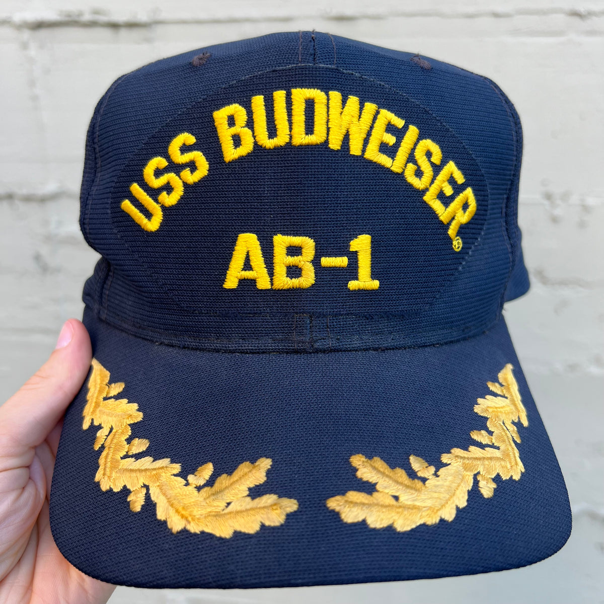Vintage USS Budweiser AB-1 Naval Style Snapback Hat - O/S - Made In USA - Navy/Yellow